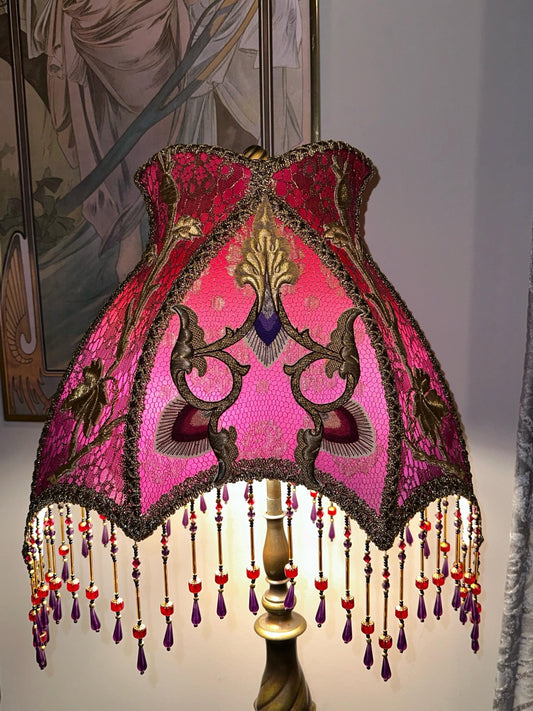 Handmade Victorian-Style Maximalist Beaded Lampshade with Red and Purple Silk, Antique Metallic Red and Gold Lace, and Vintage Appliqués