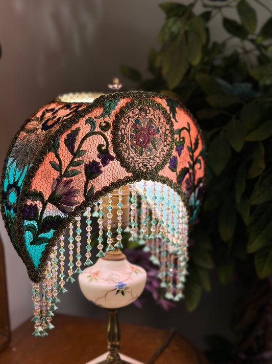 Handcrafted Victorian-Style Small Crescent Lampshade, Coral & Turquoise Silk with Antique Lace, Floral Appliqués, and Beaded fringe, Unique